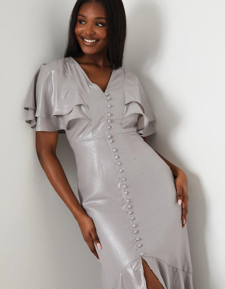 Midaxi Metallic Dress With Frill Sleeves