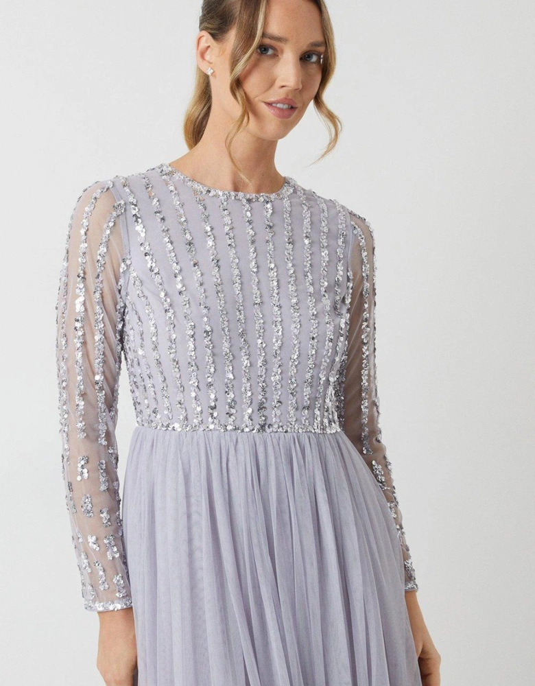 Linear Embellished Long Sleeve Bridesmaids Dress