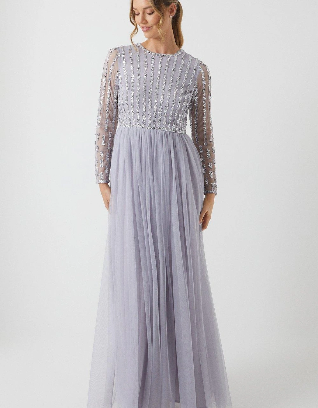 Linear Embellished Long Sleeve Bridesmaids Dress, 6 of 5