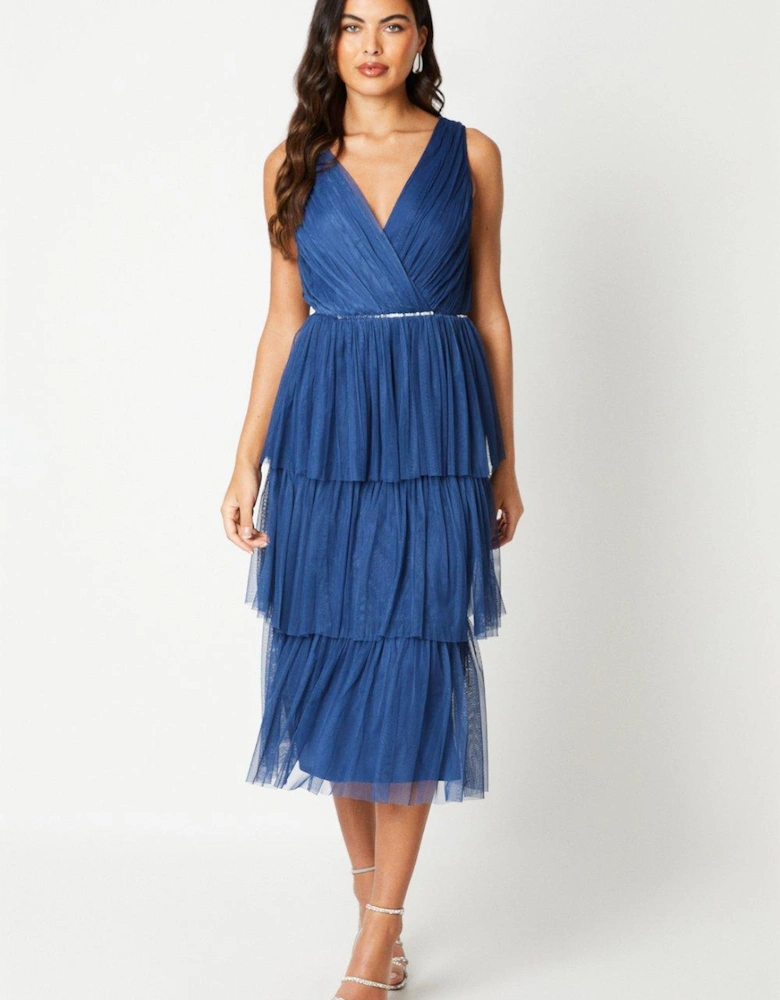 Wrap Front Tiered Mesh Midi Dress