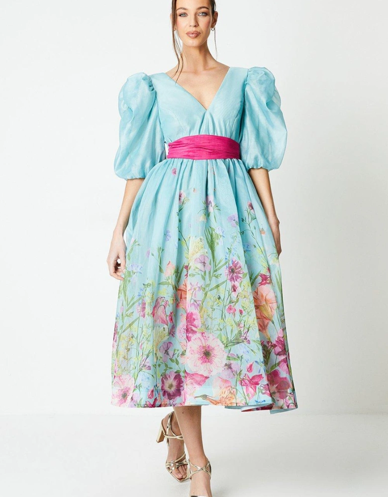 Organza Puff Sleeve Dress With Tie Back