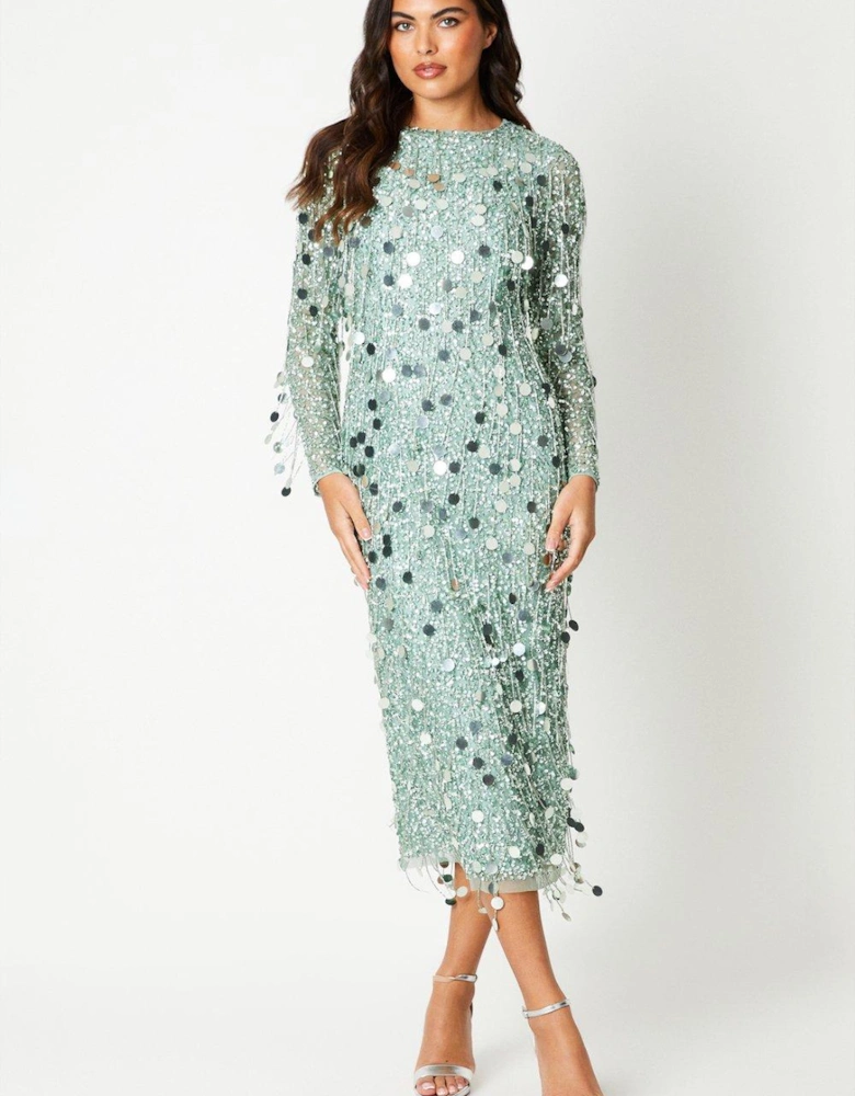 Premium Embellished Fringe And Disc Sequin Column Dress