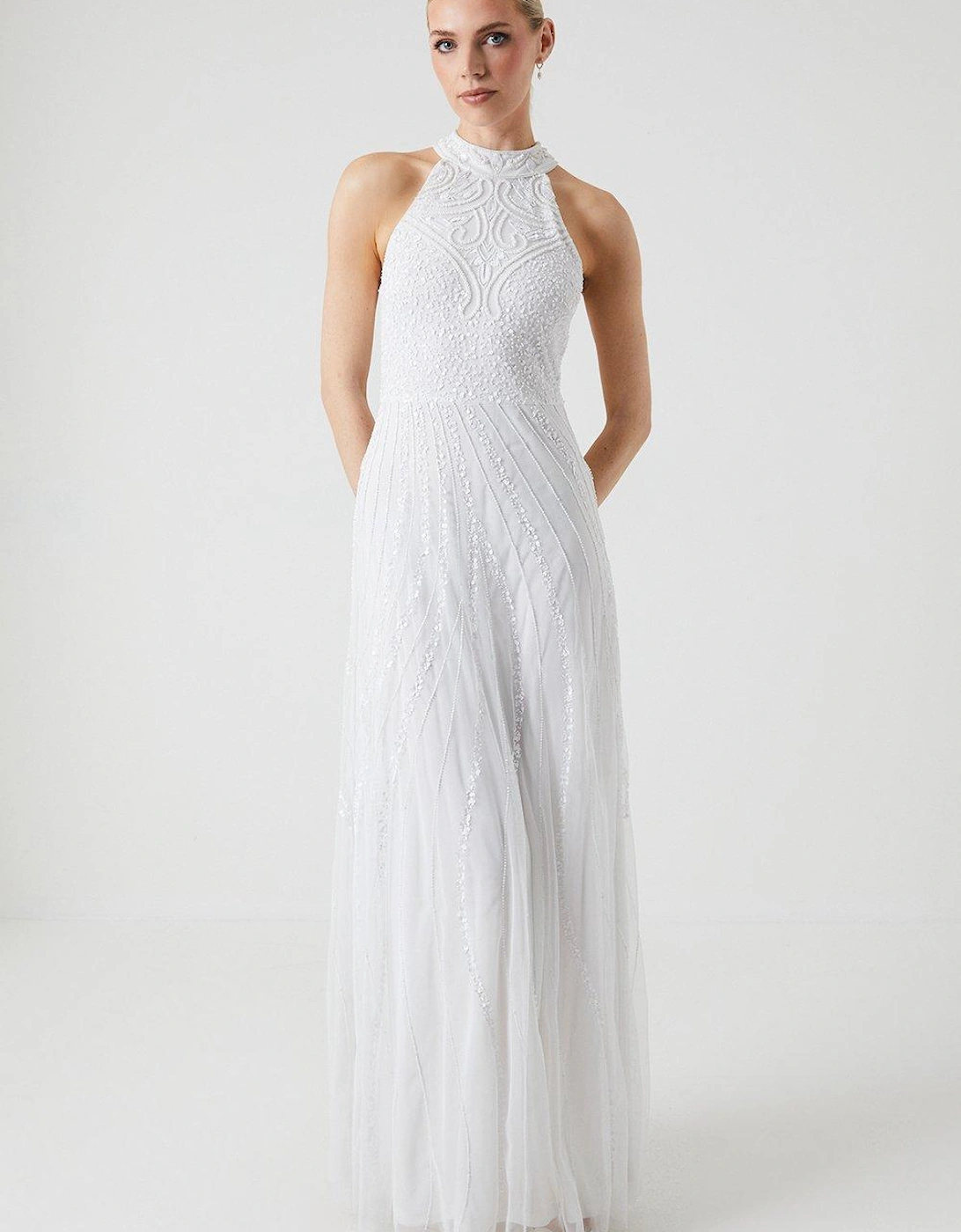 Halterneck Embellished Maxi Wedding Dress, 6 of 5
