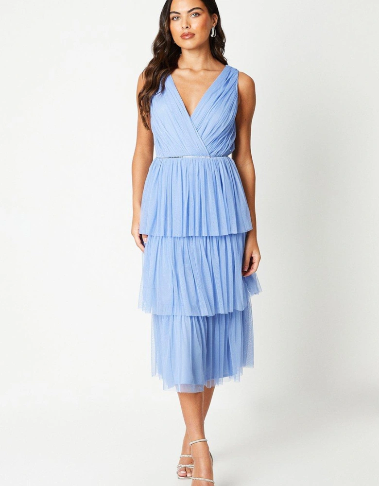 Wrap Front Tiered Mesh Midi Dress