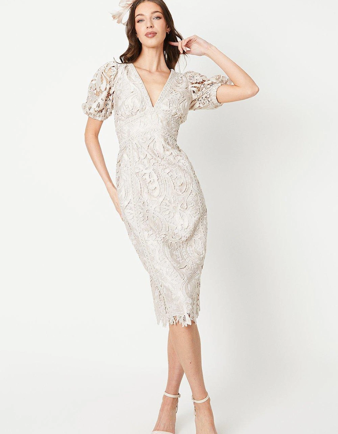 Satin Lace V-neck Pencil Dress With Puff Sleeve, 6 of 5