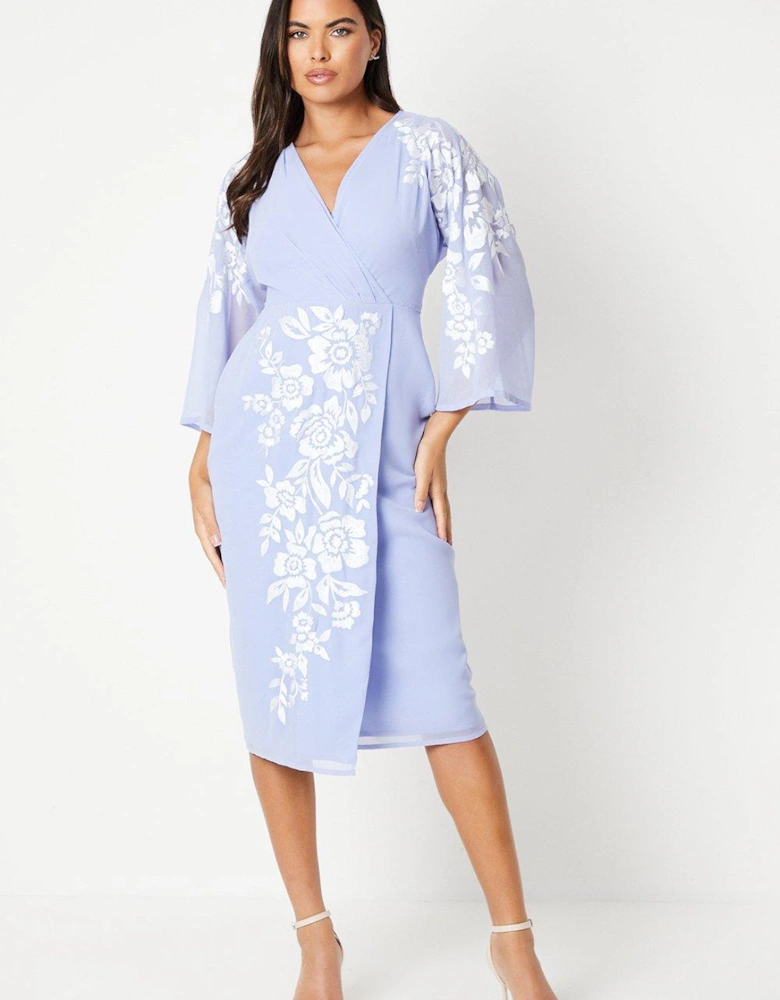 Floral Embroidered Kimono Sleeve Wrap Dress