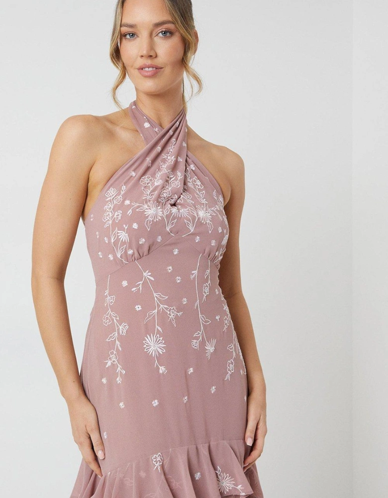 Trailing Floral Embroidered Tie Back Bridesmaid Maxi Dress