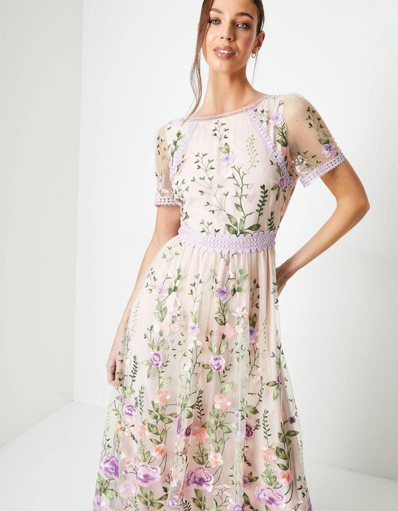 Lace Trim Detail Embroidered Mesh Midi Dress