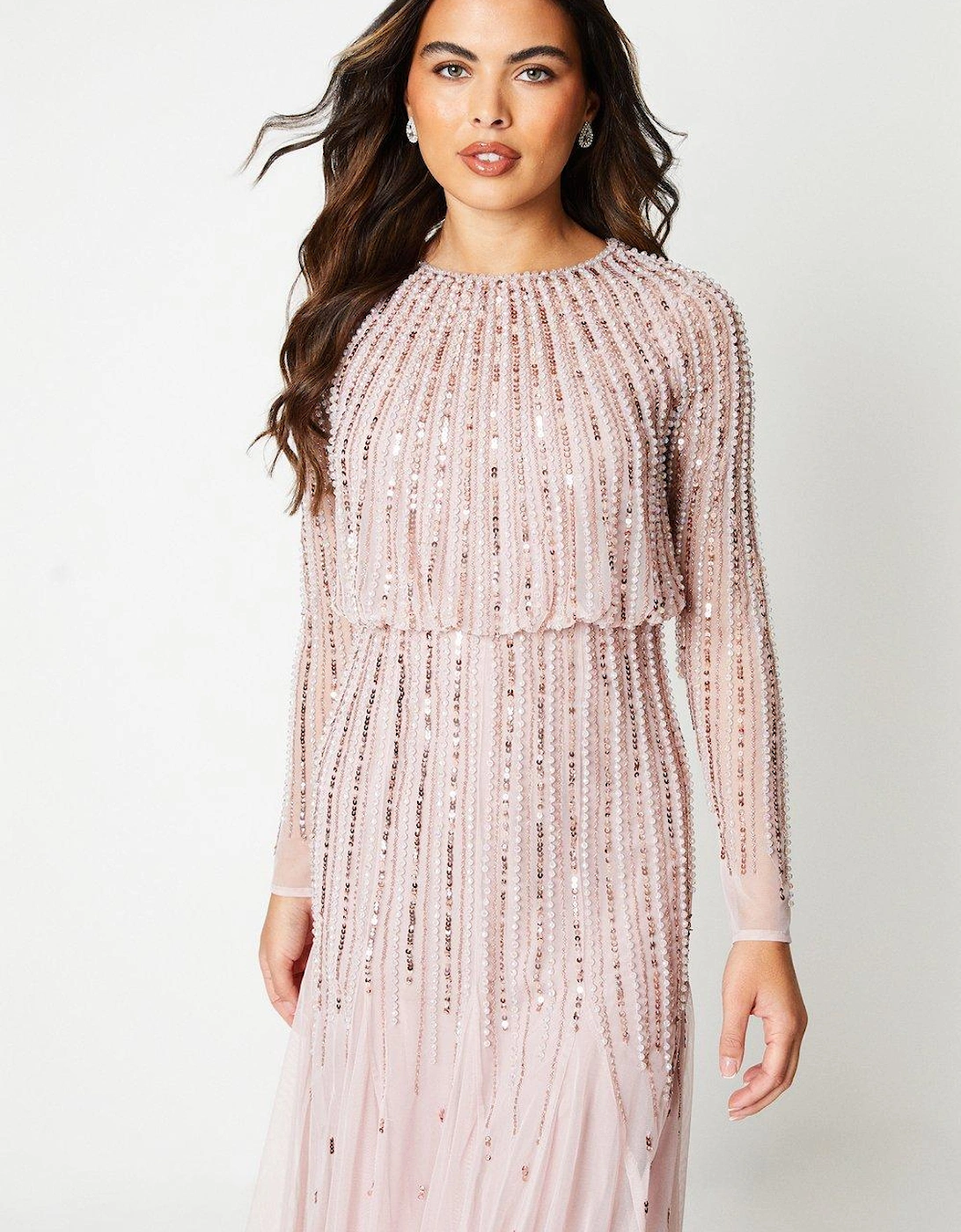Linear Sequin Embellished Long Sleeve Midi Dress, 2 of 1
