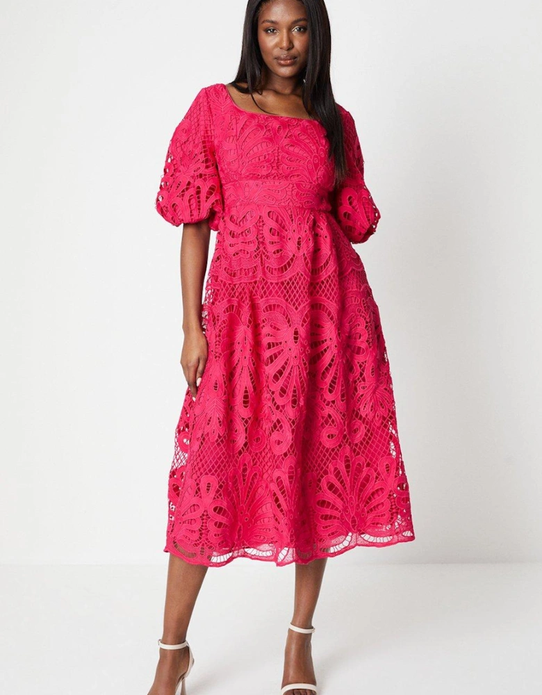 Scoop Neck Piped Lace Midi Dress
