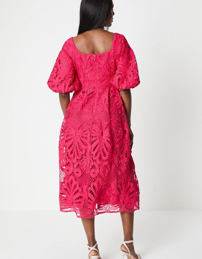 Scoop Neck Piped Lace Midi Dress