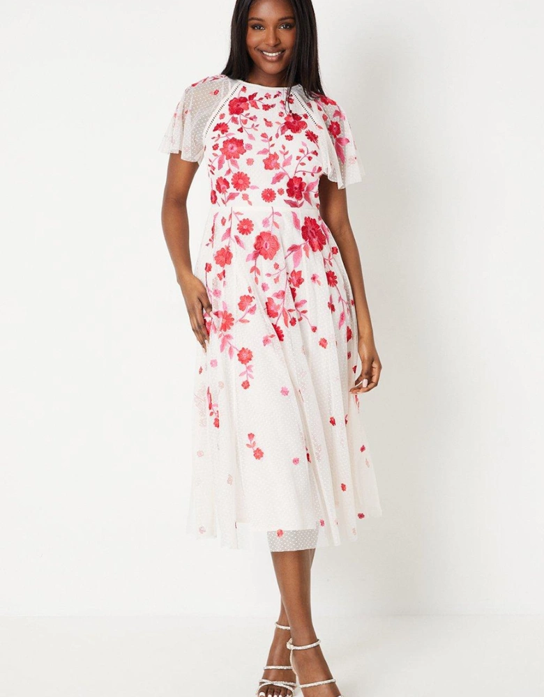 Floral Embroidered Angel Sleeve Dobby Mesh Midi Dress