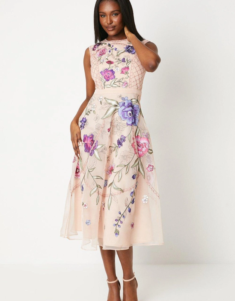 Premium Floral Embroidered Midi Dress