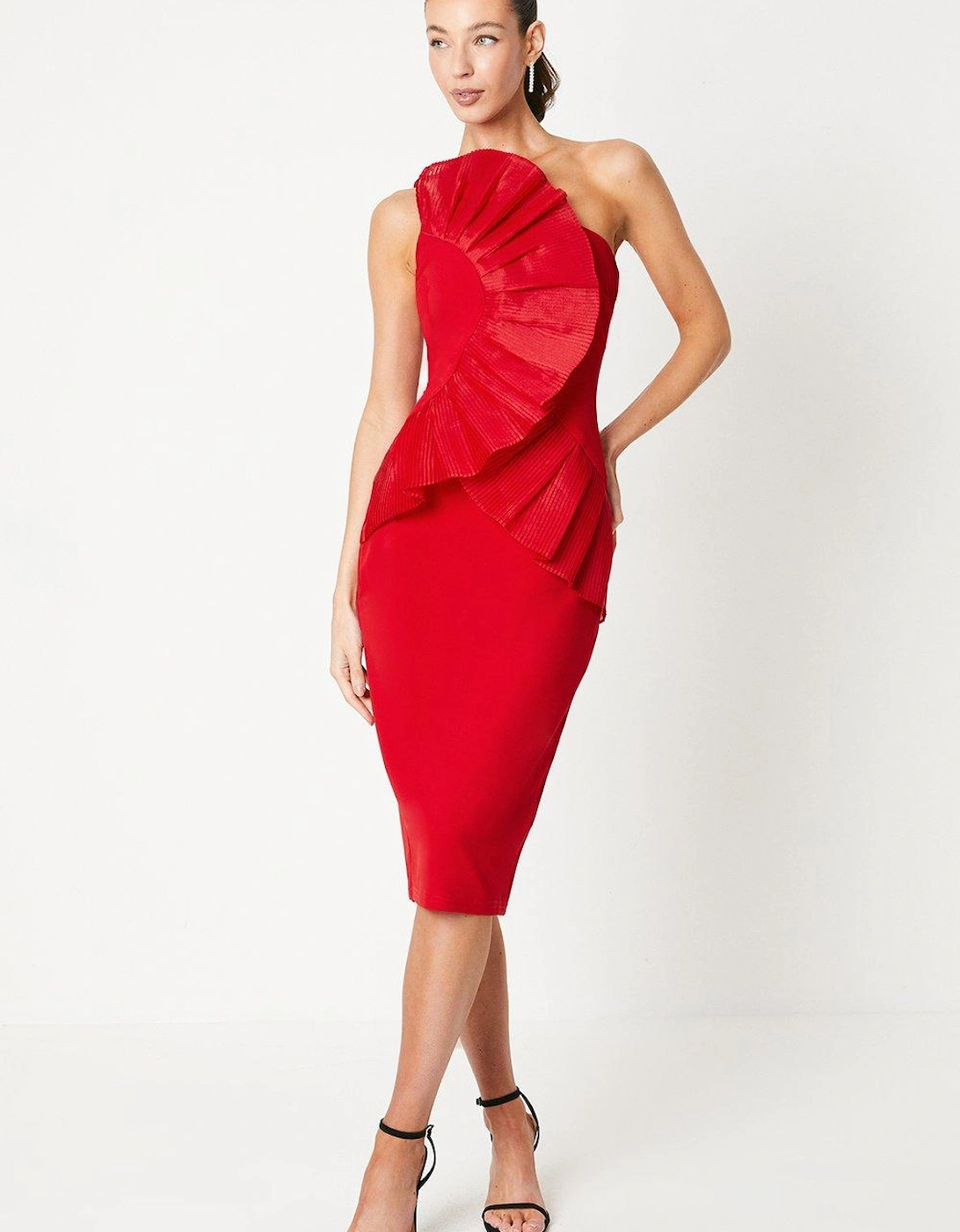 Pleated Front One Shoulder Midi Dress, 2 of 1