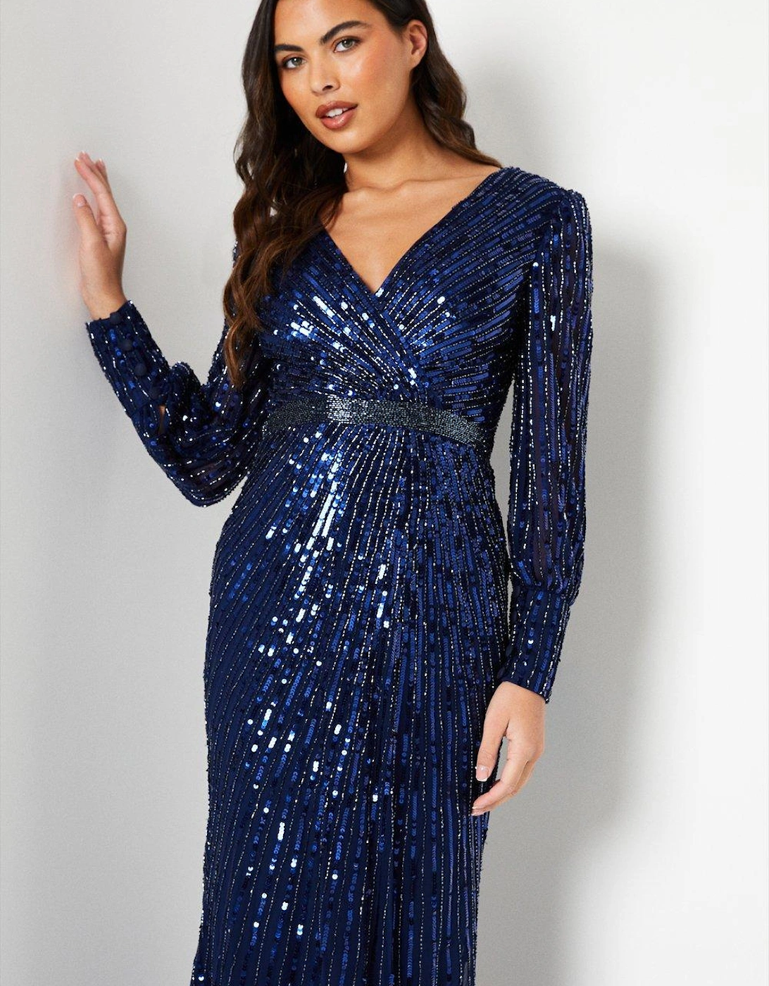 Sequin Cross Front Gown With Blouson Sleeve, 6 of 5