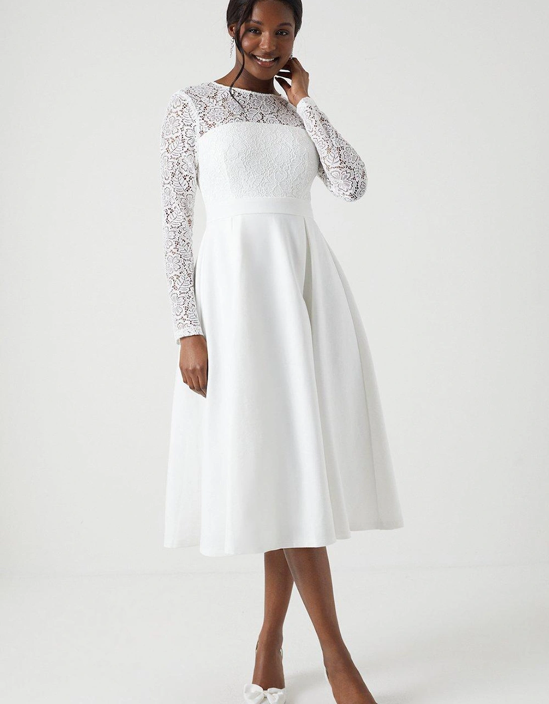 Long Sleeve Lace Ponte Midi Wedding Dress, 6 of 5