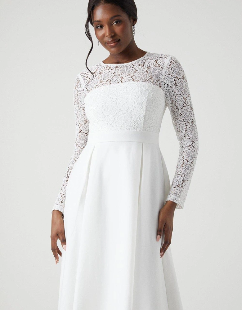 Long Sleeve Lace Ponte Midi Wedding Dress
