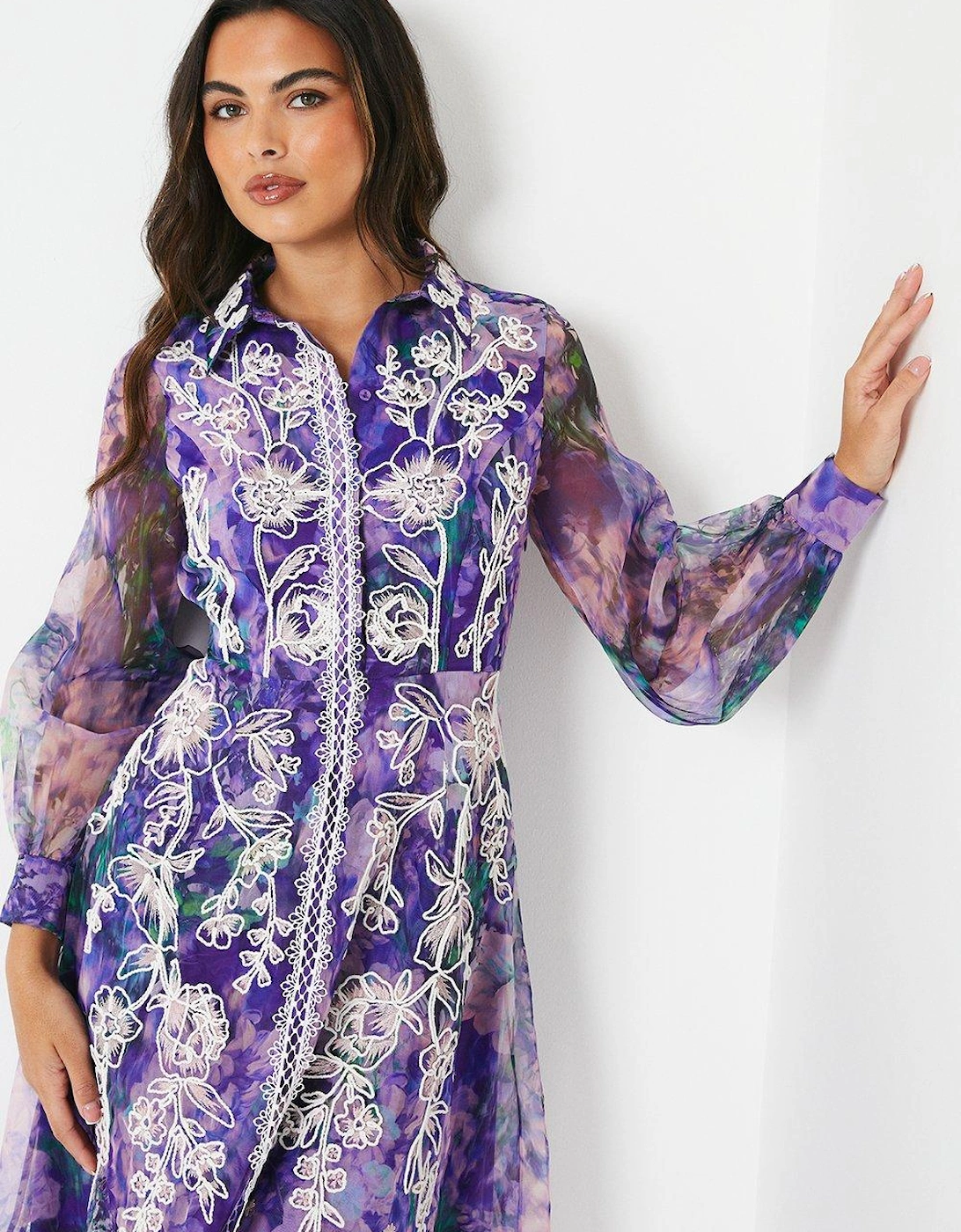 Printed Shirt Dress With Embroidery And Lace Trims, 6 of 5