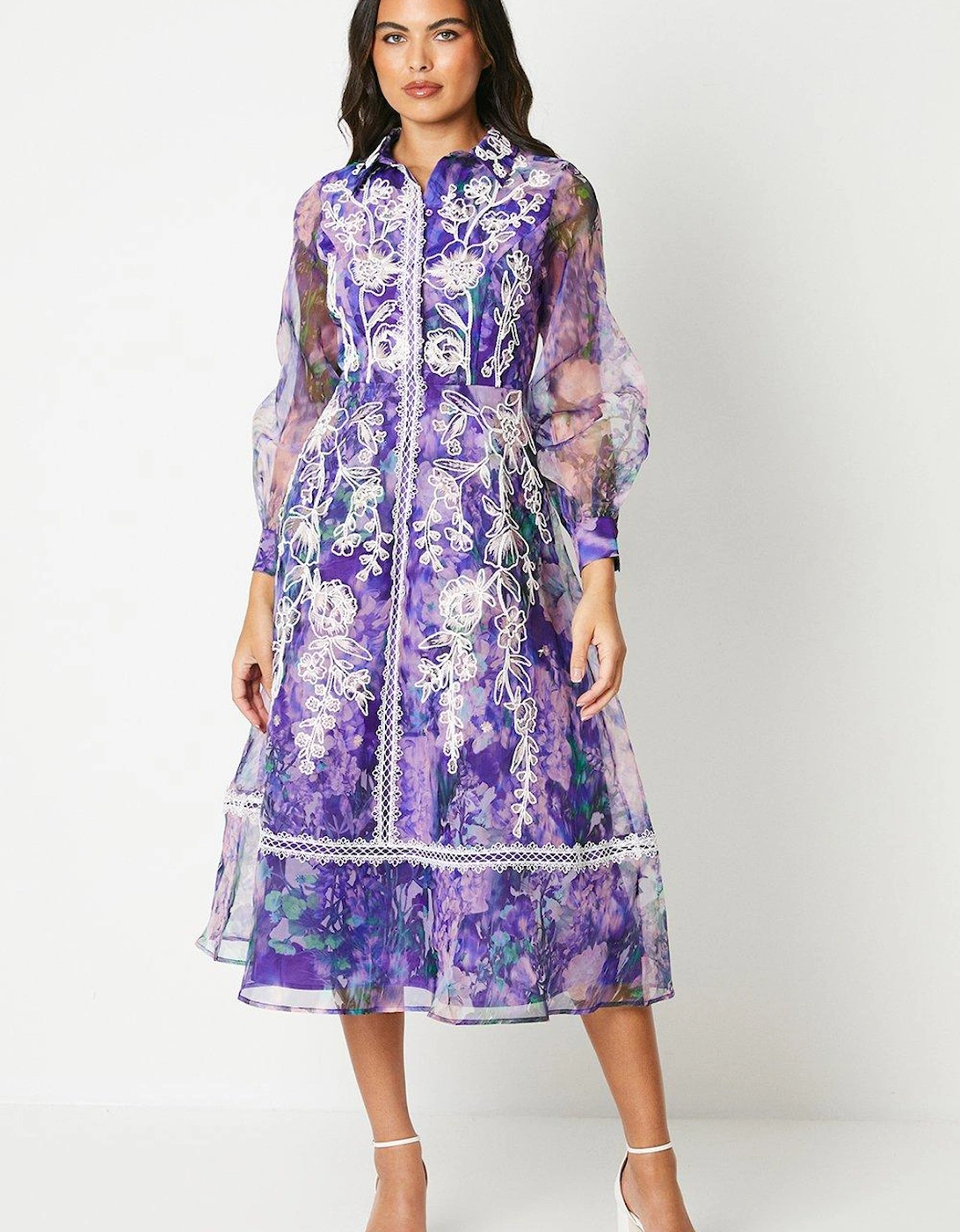 Printed Shirt Dress With Embroidery And Lace Trims