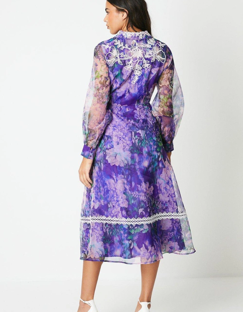 Printed Shirt Dress With Embroidery And Lace Trims
