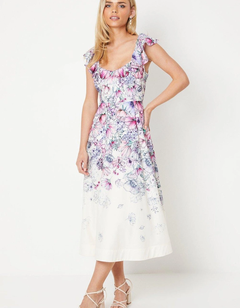 Petite Ruffle Shoulder Cotton Midi Dress In Floral Print