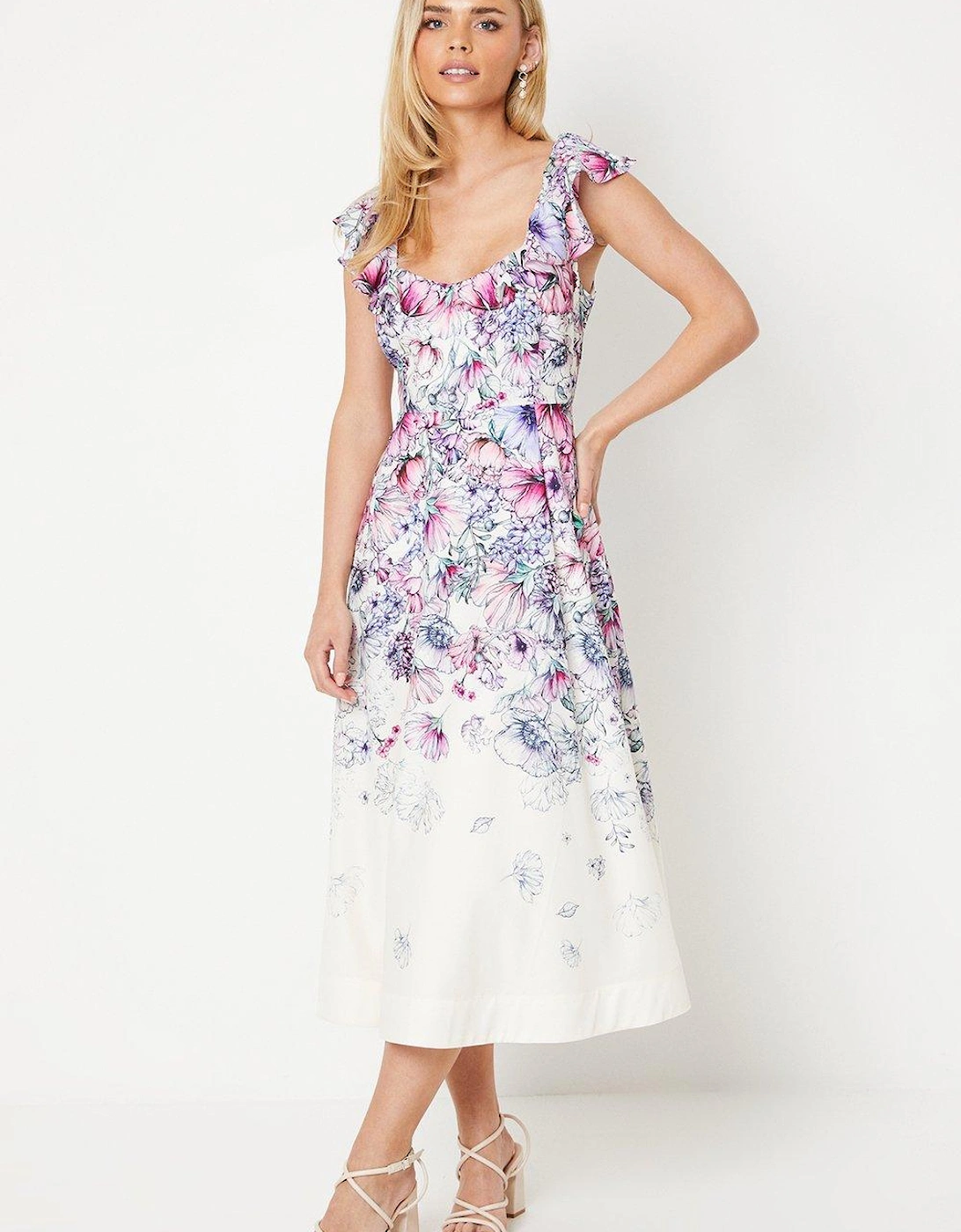 Petite Ruffle Shoulder Cotton Midi Dress In Floral Print, 6 of 5