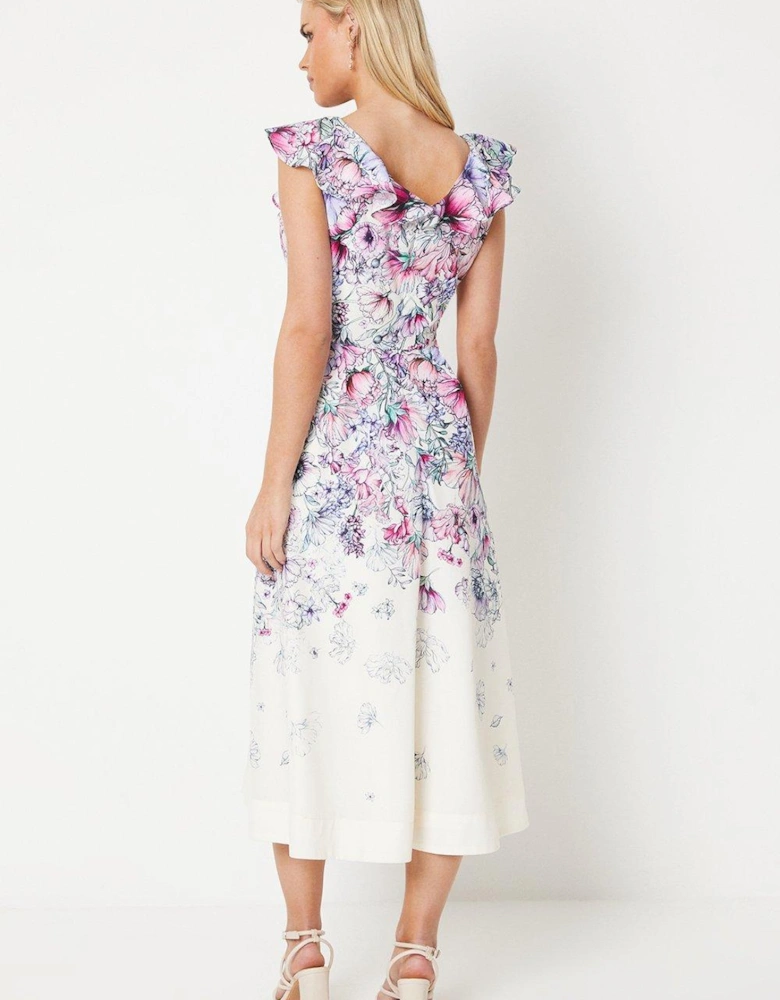 Petite Ruffle Shoulder Cotton Midi Dress In Floral Print