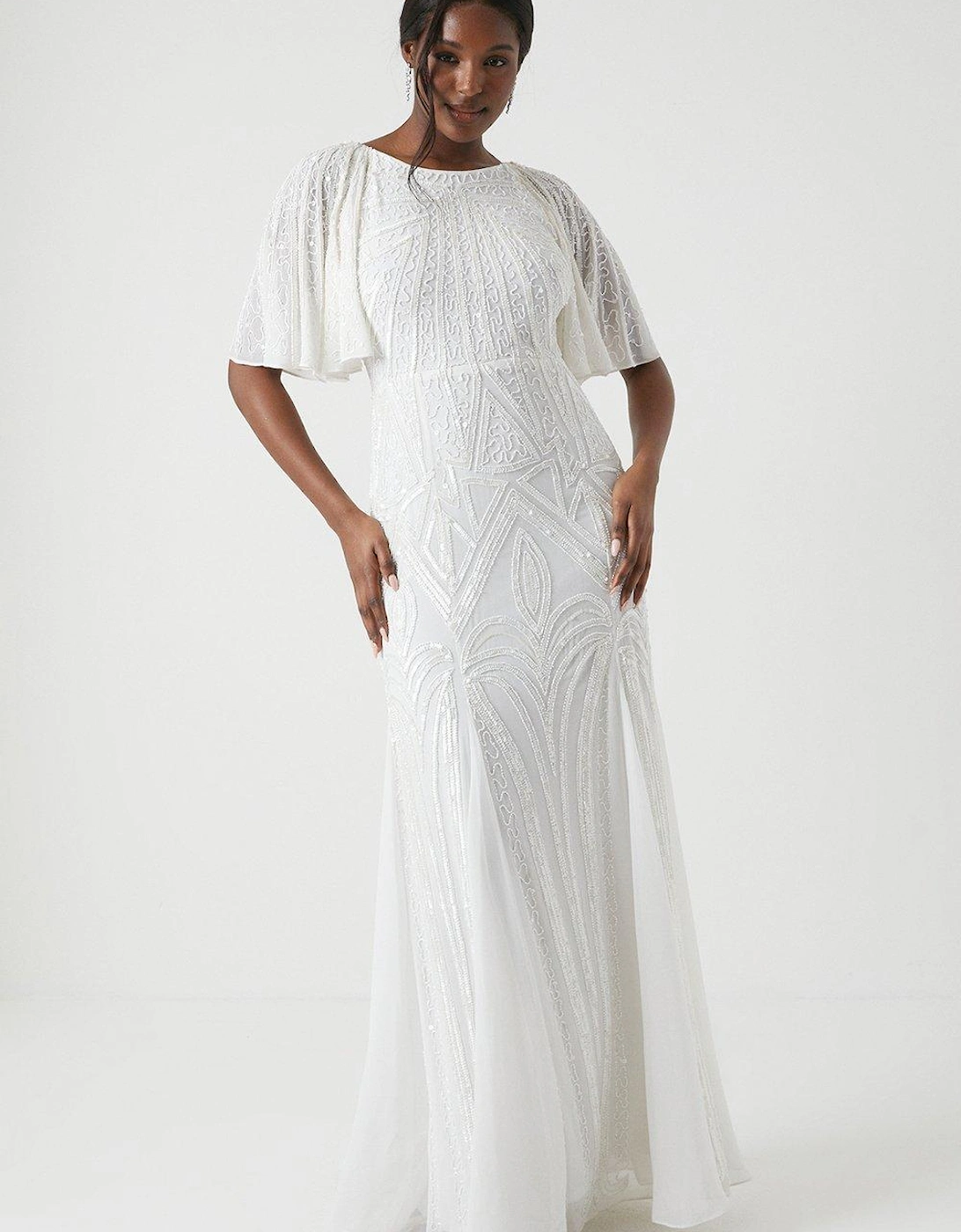 Premium Embellished Angel Sleeve Fishtail Wedding Dress, 6 of 5