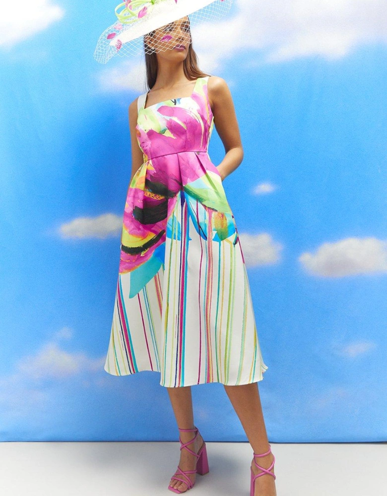 Lisa Tan Floral Placement Print Satin Midi Dress
