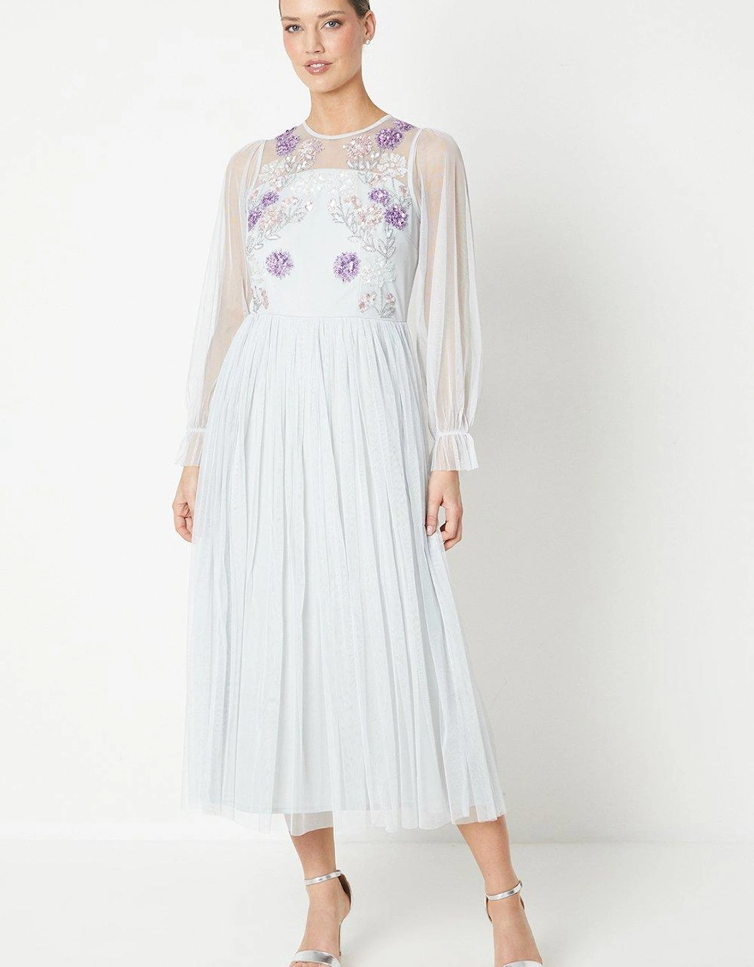 Long Sleeve Embroidered Mesh Midi Dress, 6 of 5