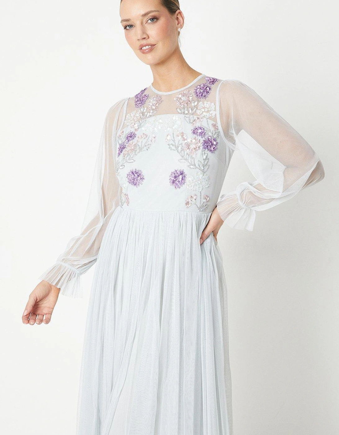 Long Sleeve Embroidered Mesh Midi Dress