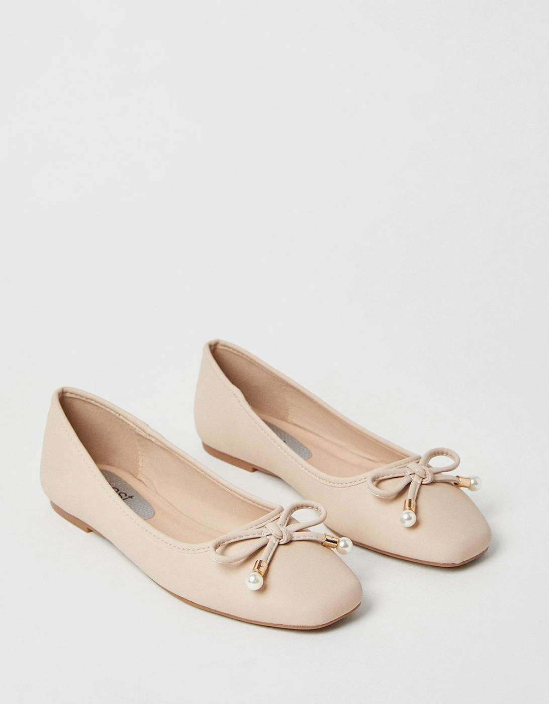 Penny Square Toe Pearl Bow Detail Flat Ballerina