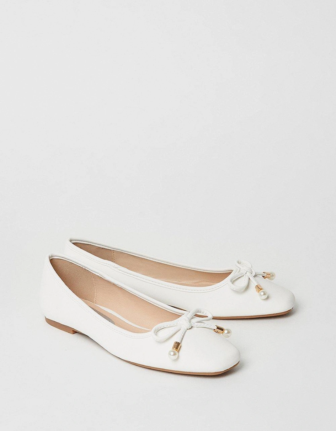 Penny Square Toe Pearl Bow Detail Flat Ballerina