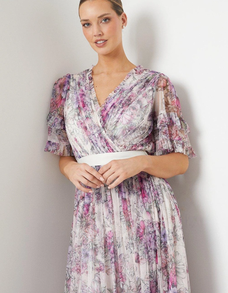 Printed Short Sleeve Tiered Mesh Midi Dress