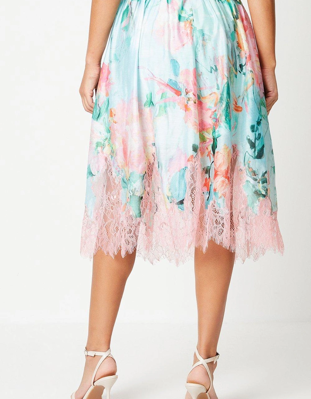 Lace Hem Printed Midi Skirt