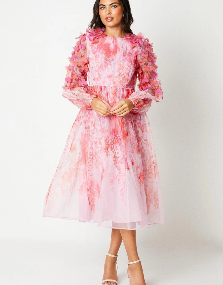 Hand Stitched 3d Floral Organza Midi Dress