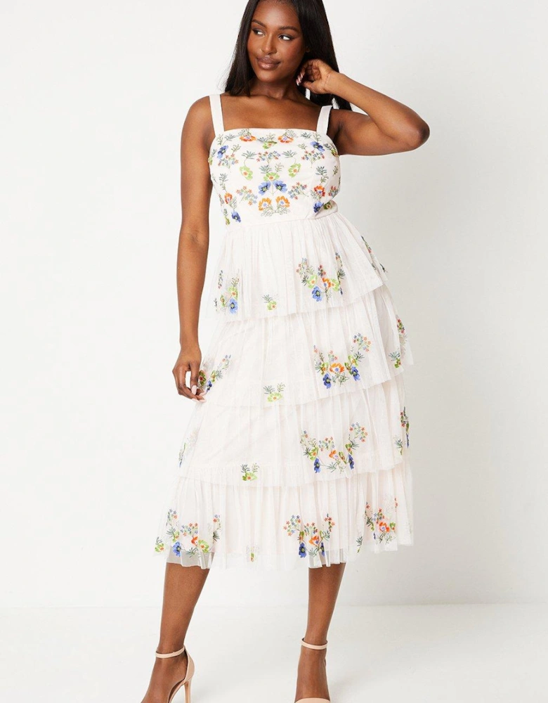 Embroidered Tiered Mesh Dress