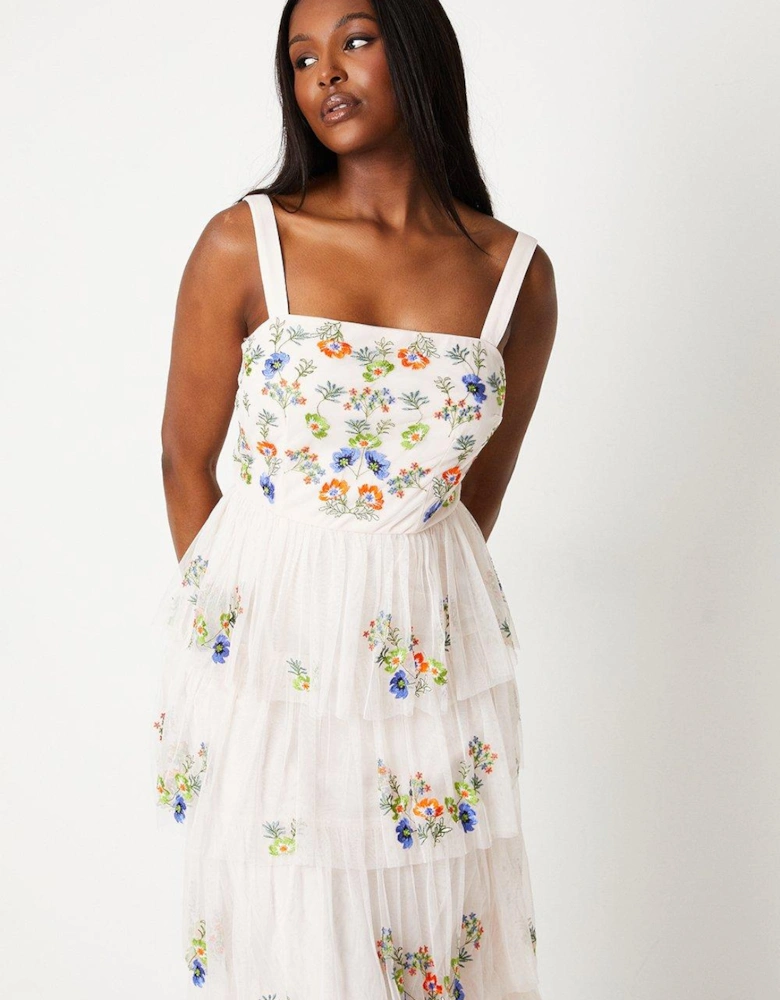 Embroidered Tiered Mesh Dress
