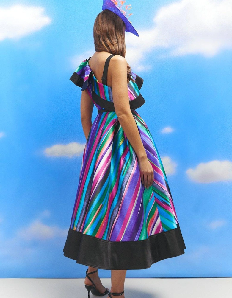 Lisa Tan Geo Stripe Ruffle Shoulder Midi Dress