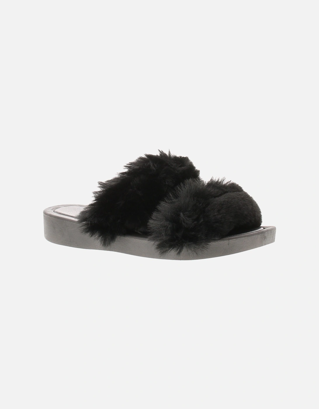 Womens Fuax Fur Slidders Sandals Pansy black UK Size, 6 of 5