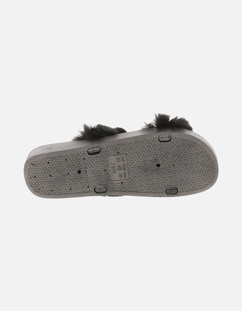 Womens Fuax Fur Slidders Sandals Pansy black UK Size