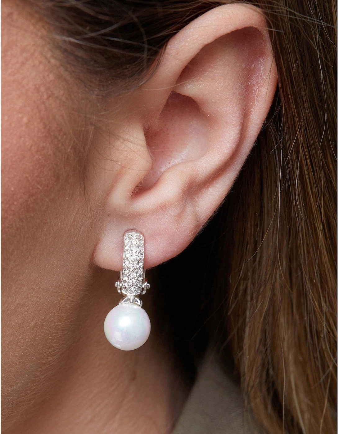Pave Half Hoop With Pearl Drop Clip Earring