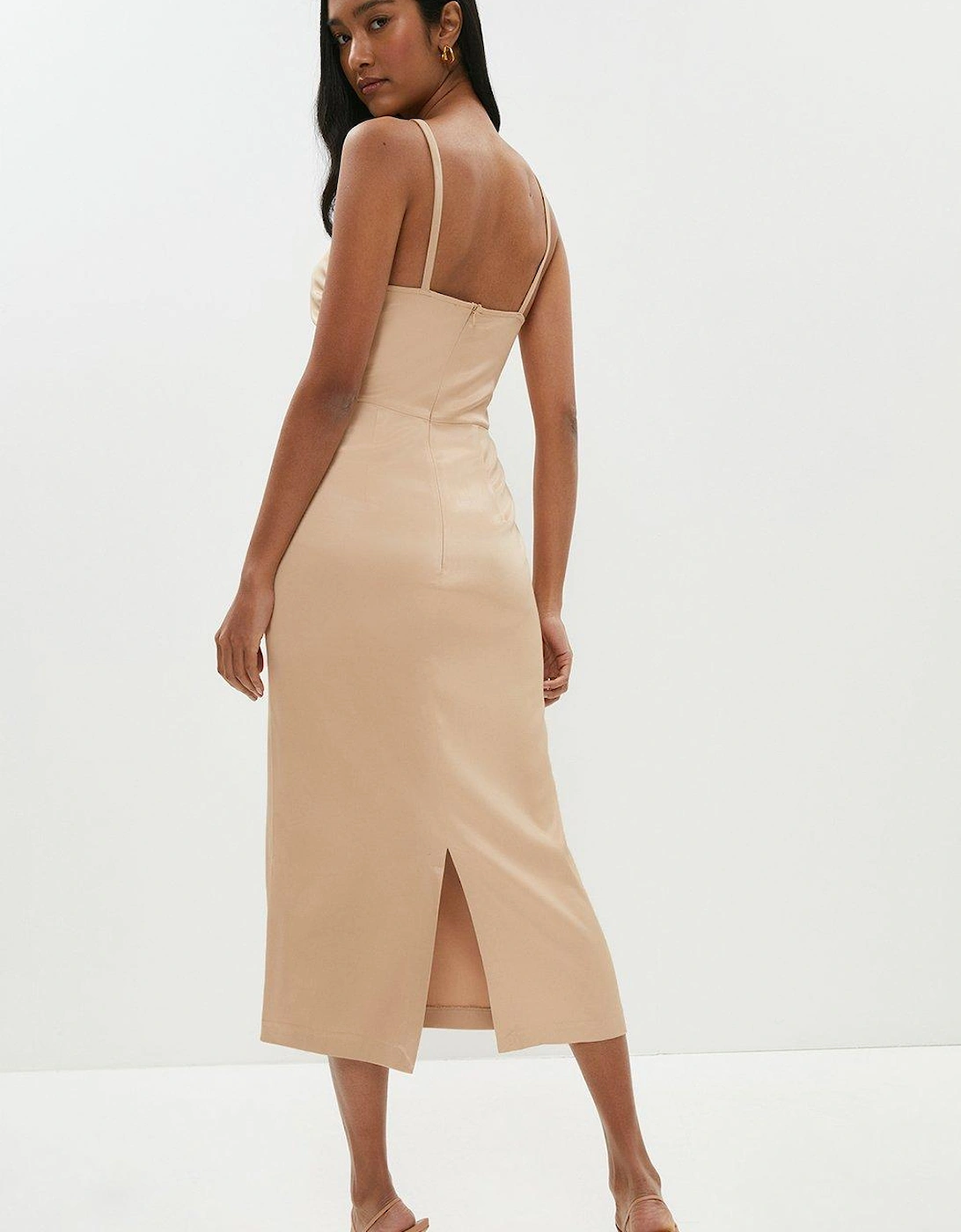 Ruched Keyhole Strappy Satin Dress