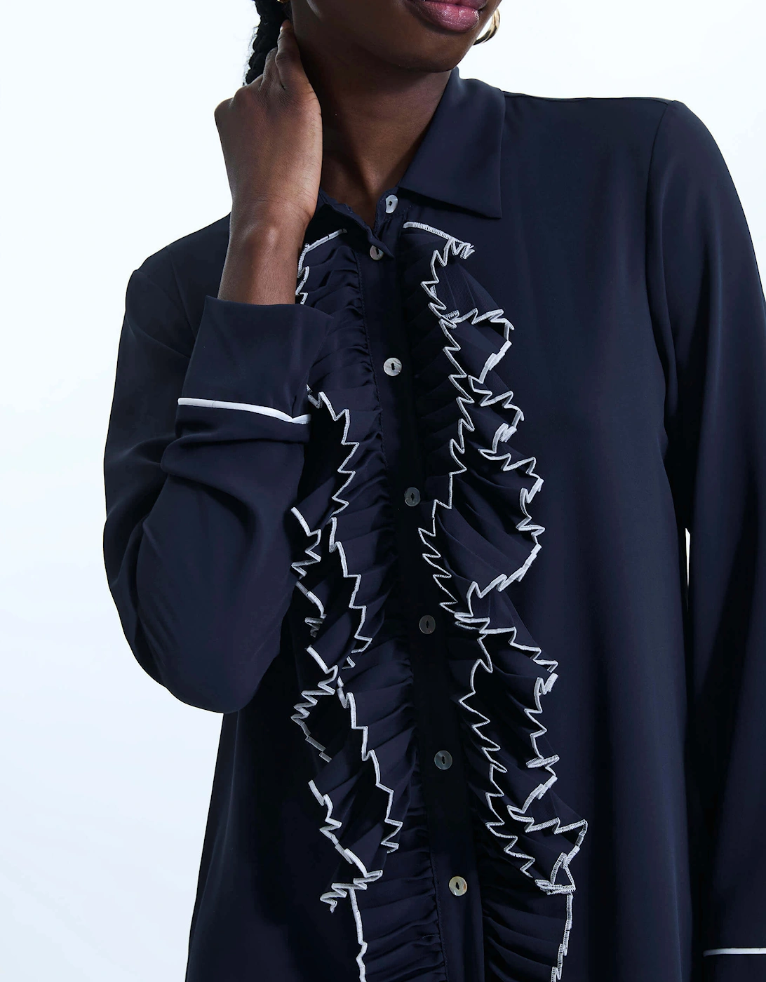 Front Ruffle Button Up Shirt Navy