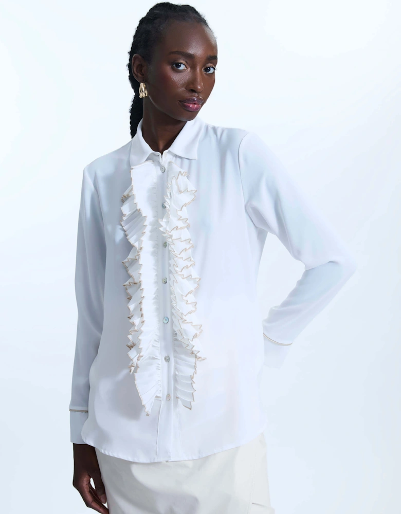 Front Ruffle Button Up Shirt White