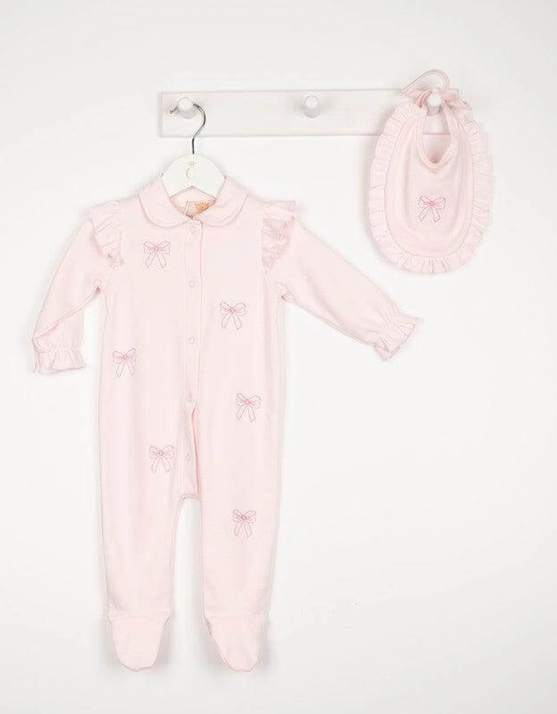 Girls Pink Bow Babygrow With Bib