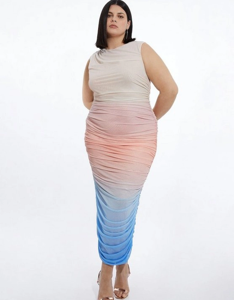 Plus Size Sunset Ombre Mesh Ruched Jersey Maxi Dress