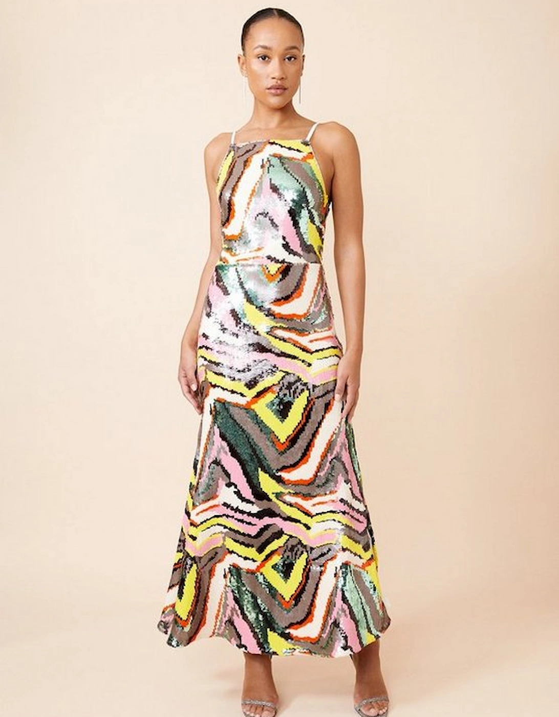 Abstract Sequin Embellished Woven Strappy Midi Dress, 5 of 4
