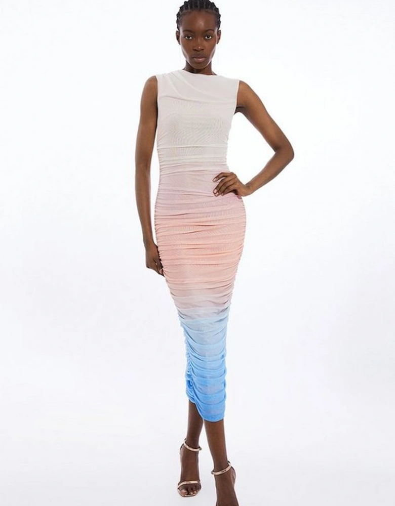 Sunset Ombre Mesh Ruched Jersey Maxi Dress