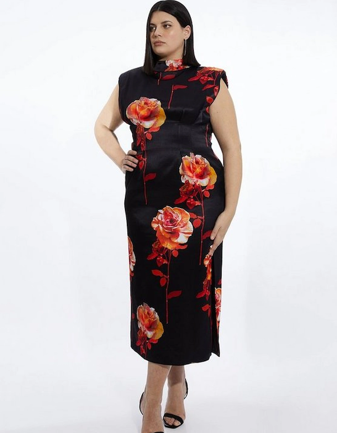 Plus Size Rose Floral Satin Back Crepe Woven Maxi Dress, 4 of 3